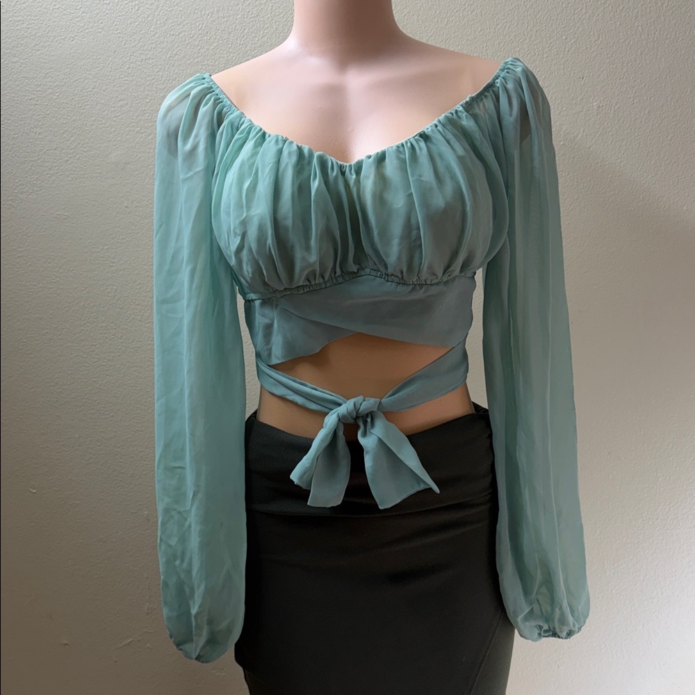 Windsor Sage Green Long-Sleeve Wrap Crop Top